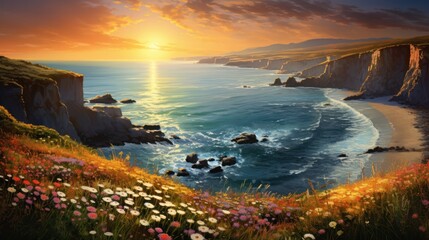 A dramatic coastal view with rugged cliffs and a turquoise sea,