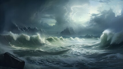 Fototapeta premium A dramatic coastline view showing the powerful storm surge of a hurricane,