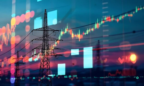 Sleek stock market chart with energy and electric elements, blurred background of an electrical grid tower or substation at dusk, symbolizing the impact on a hero in digital marketing for sustainable 