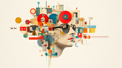 Obraz premium A modern artwork featuring a stylized human head with abstract geometric shapes and vibrant colors, symbolizing creativity and complexity of thought.