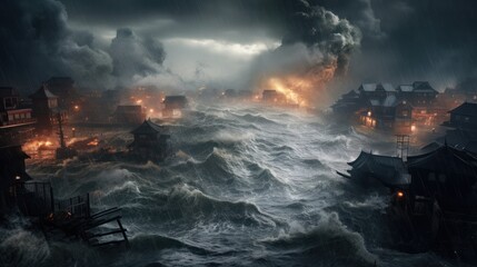 Fototapeta premium A powerful scene of a hurricane hitting a coastal town with heavy rain,