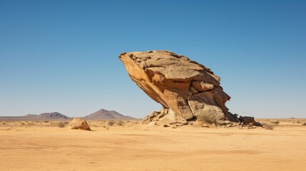 A solitary, weathered rock formation stands proudly against a backdrop of clear