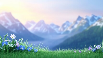 Fototapeta premium Wildflowers bloom against a backdrop of majestic, snow-capped mountains at sunrise, AI