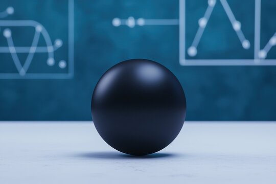 Black sphere on a table with abstract mathematical background.