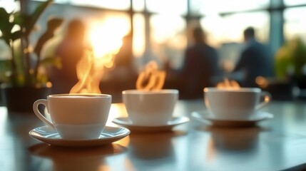 Fototapeta premium Steaming coffee cups in a business meeting room