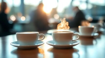 Fototapeta premium Steaming coffee cups in a business meeting room