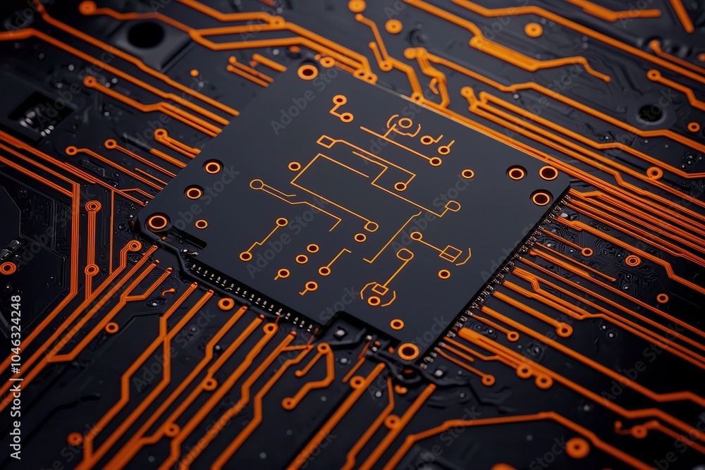 Poster close-up view of a black circuit board with intricate orange lines and patterns.
