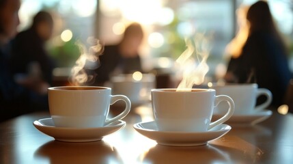 Fototapeta premium Steaming coffee cups in a business meeting room