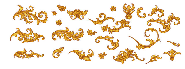 Set of golden decorative elements in Baroque style	