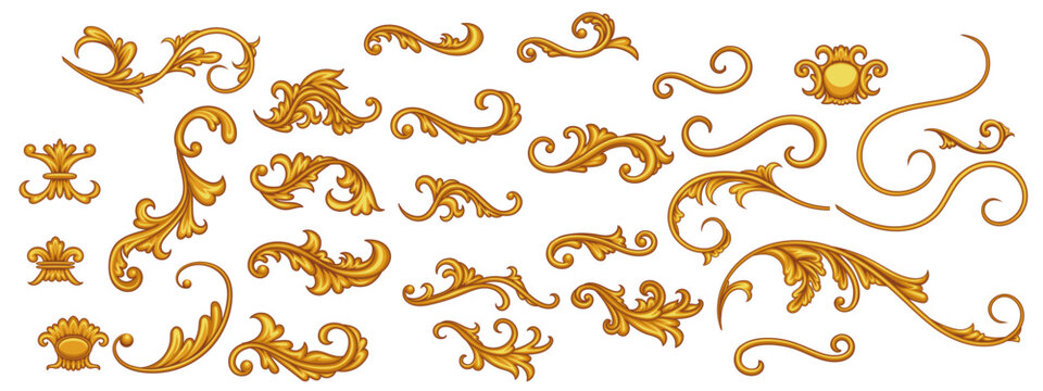Set of golden decorative elements in Baroque style	