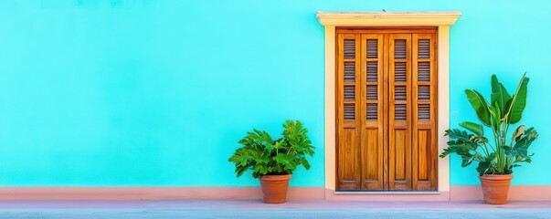 Vintage shophouse in a quiet street, pastel-colored walls and wooden shutters, surrounded by potted plants, Vintage, Soft tones.