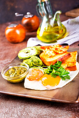 breakfast on plate, egg with shrimp and vegetables
