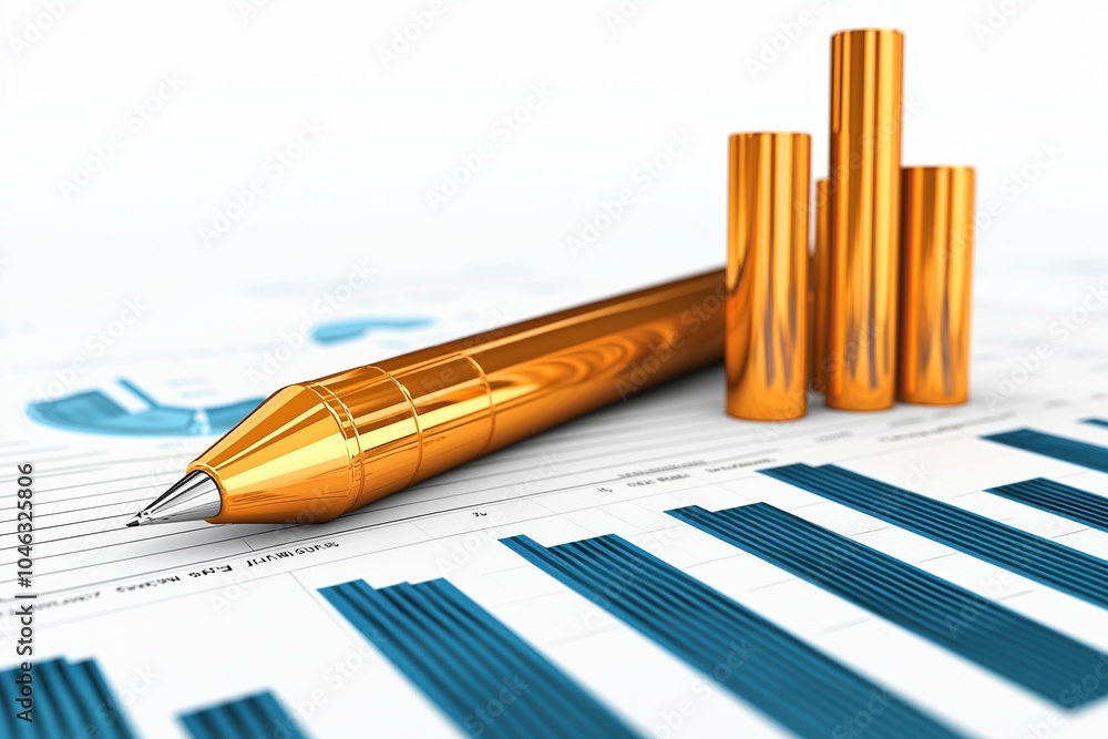 Poster digital pen and bar graph on financial report with charts and data analysis background.