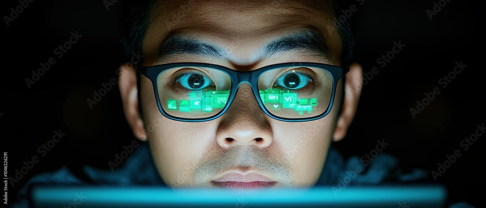 Poster focused man with glasses staring at a computer screen in a dark environment, showcasing deep concent