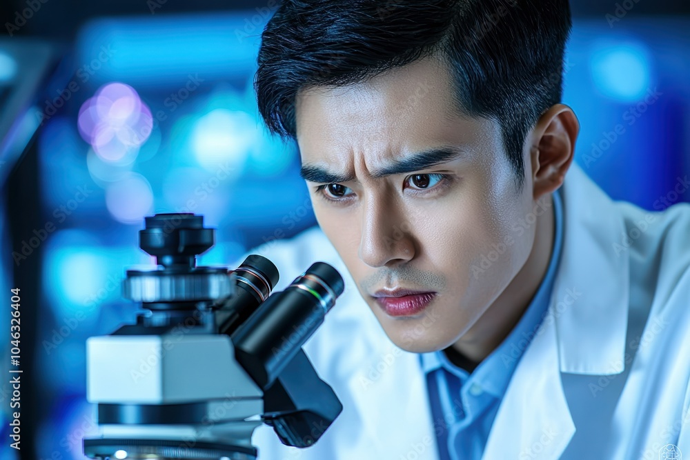 Poster focused scientist examining samples under microscope in laboratory setting.