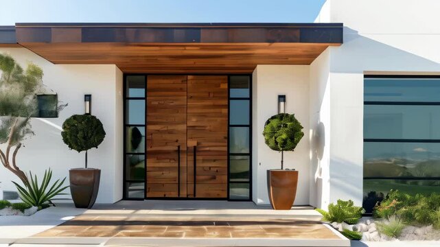 Explore a modern home entrance with sleek design and elegant landscaping in bright sunlight