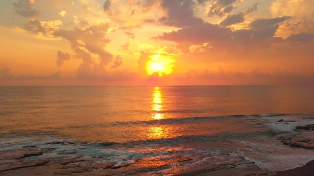 Aerial View of Sunset at Koru Beach in Gazipasa, Turkey, Serene Coastal Scene with No People, Peaceful Shoreline and Stunning Sunset Over the Sea in the Mediterranean