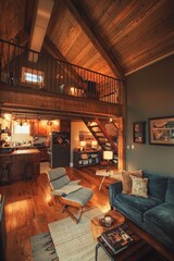 Fototapeta premium A cozy industrial loft featuring high ceilings and wooden beams. Soft lighting creates a warm atmosphere for relaxing and working