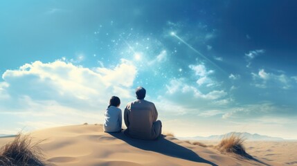 Fototapeta premium Father and daughter sitting on the sand dune Looking at the sunset
