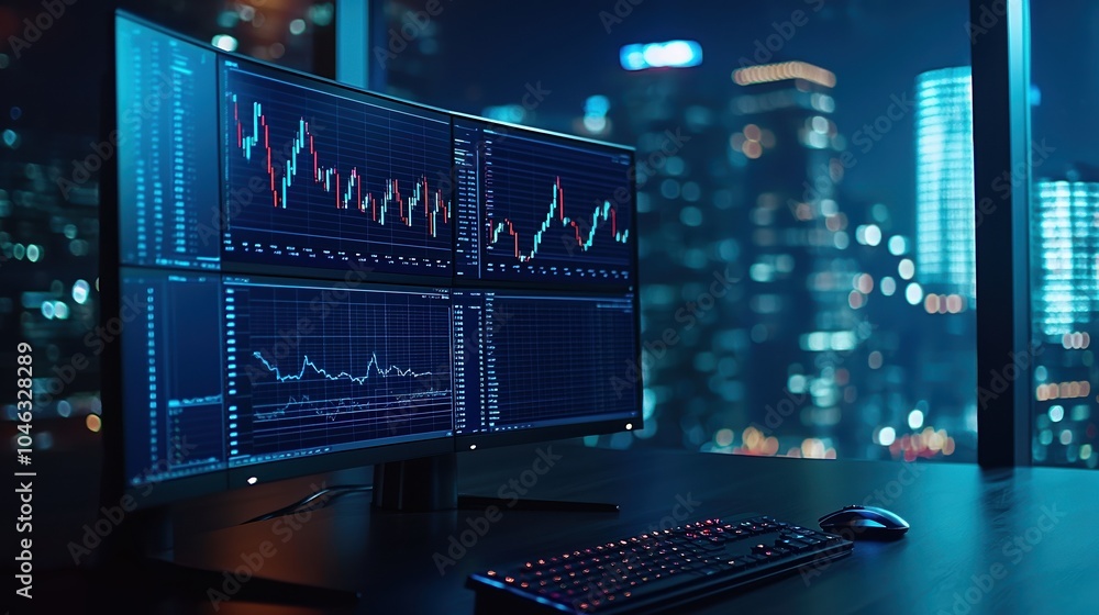 Aufkleber modern computer monitors displaying financial data in a cityscape at night.