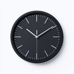 Minimalist black wall clock with silver hands, modern design on white isolated background.