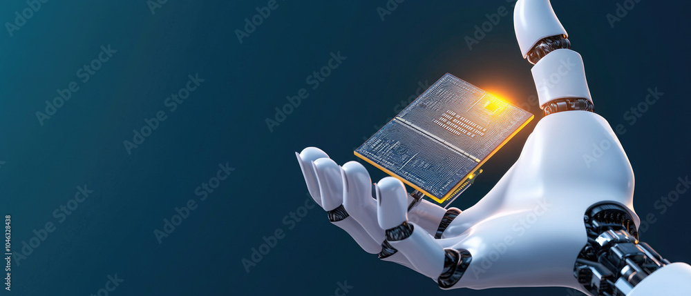 Poster glowing robotic hand, delicately grasping a microchip, symbolizing the precision and innovation in a