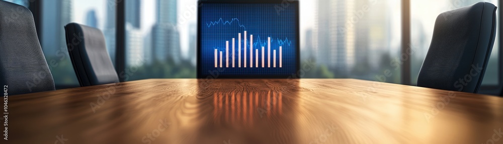 Poster modern office meeting table with a digital display showing growth charts and financial data.