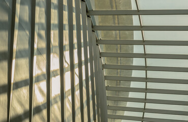 Modern architecture interior design of metal structure building with Burred light and shadow passing through glazed ceiling. View of Sunlight shining through a glass roof and creating shadows on wall.
