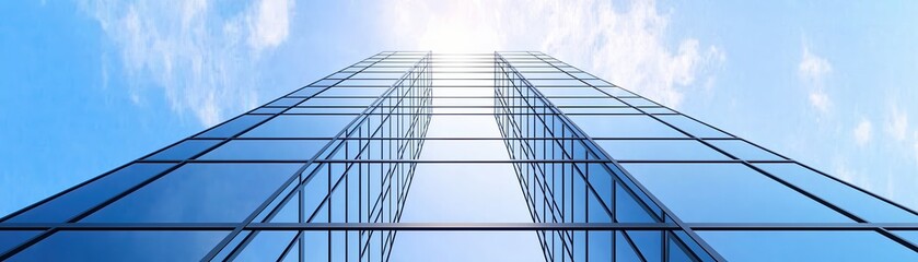 Modern skyscraper reaching towards the blue sky under bright sunlight, showcasing glass and steel design.