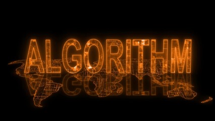 3d algorithm text technology earth map orange glow
