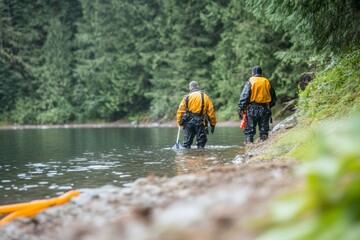 Forensic Dive Team Investigating a Tranquil Forest Lake Murder Scene