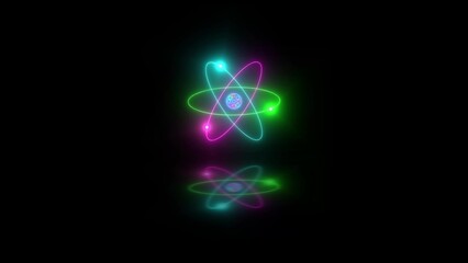 3d Atom neon glowing cyan green pink color in black background