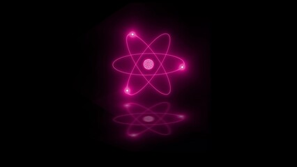 3d atom neon glowing pink color in black background