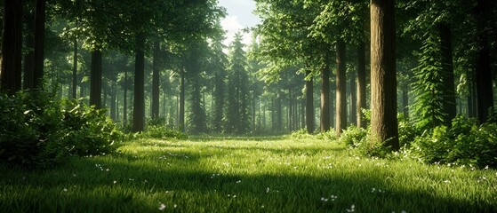 Obraz premium Serene forest scene with lush greenery and sunlight filtering through trees.