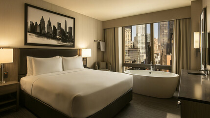 A luxurious hotel room with a king sized bed