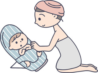 赤ちゃんをお風呂に入れる準備をするお母さん