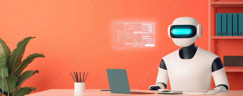 Aufkleber ai assistant projecting holographic data in a modern workspace, representing innovative technology a
