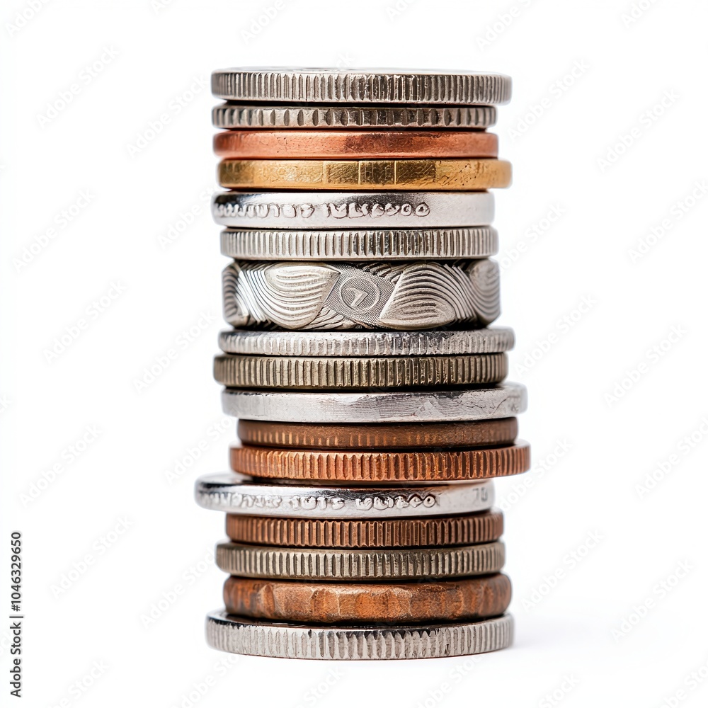 Wall mural stack of various coins, white isolate background