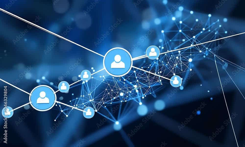Poster abstract blue background with digital network connections and glowing dots on a dark gradient for te