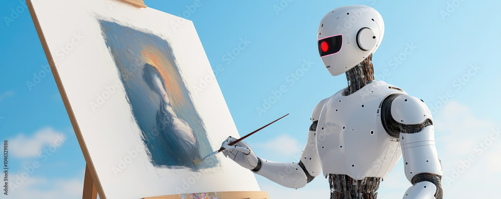 Poster ai artist robot creating a vibrant masterpiece, symbolizing the fusion of creativity and artificial 