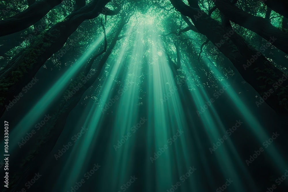 Poster sunlight filtering through a dense forest, creating a serene and mystical atmosphere with green tone
