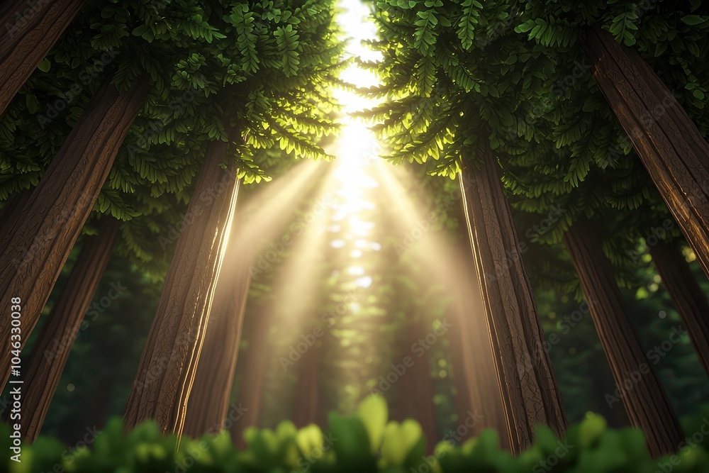 Poster sunlight filters through tall trees in a serene forest, creating a peaceful natural atmosphere.