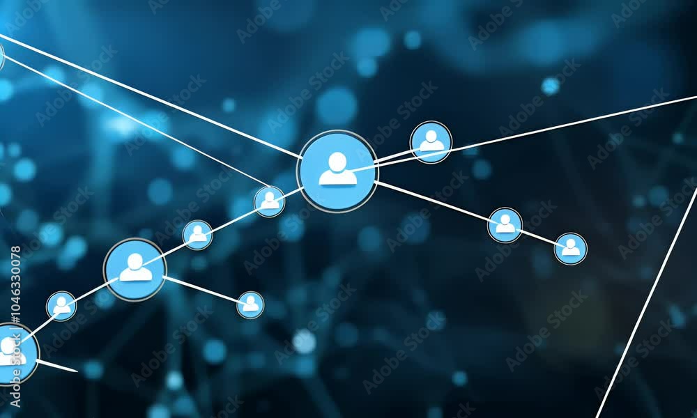 Poster abstract blue background with digital network connections and glowing dots on a dark gradient for te