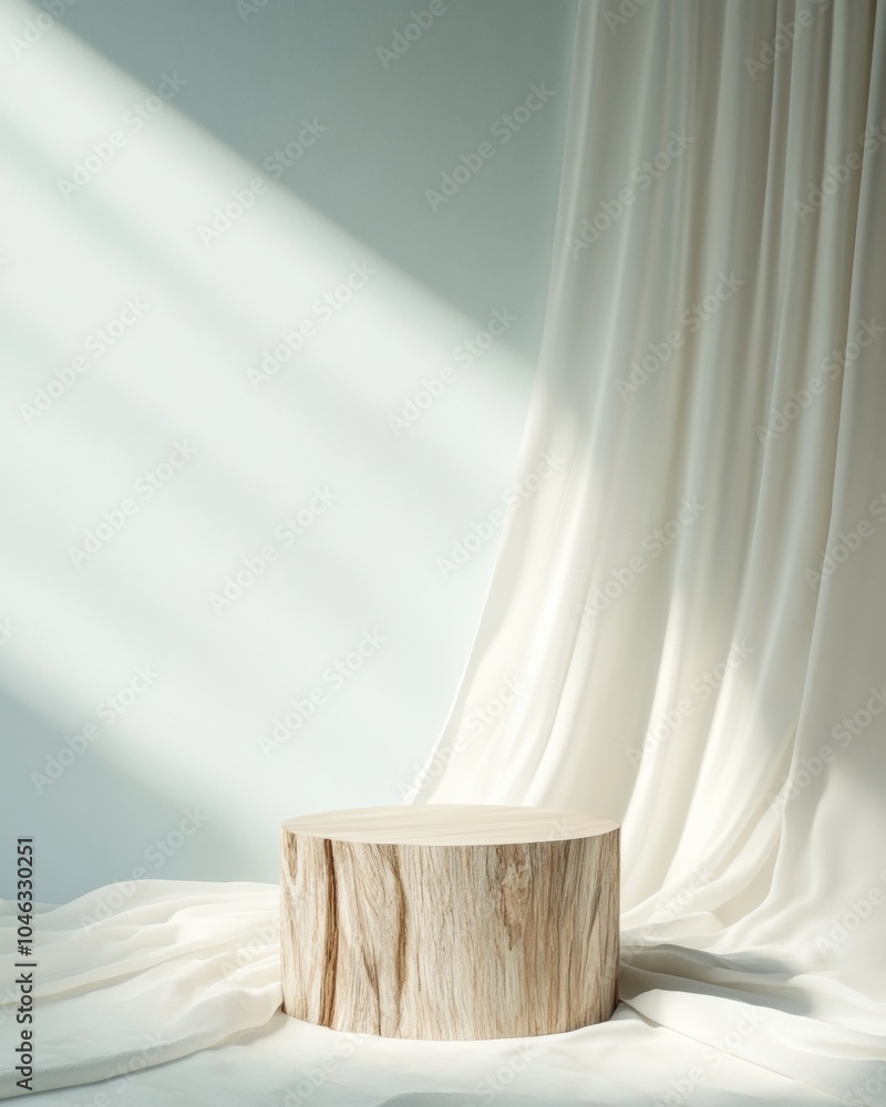 Poster minimalist wooden podium with fabric and gradient background