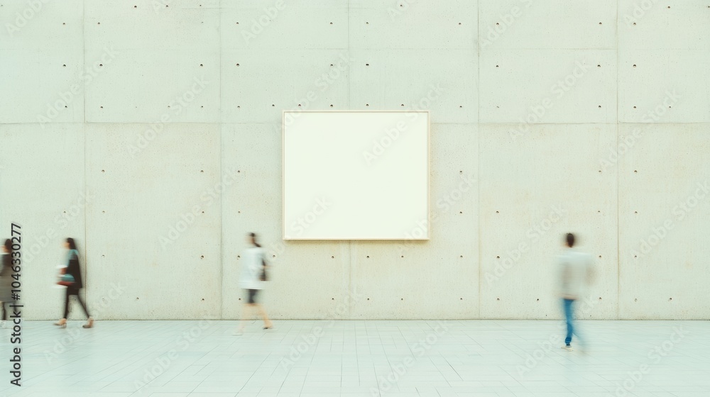 Poster contemporary indoor space with motion blur and empty frame on concrete wall