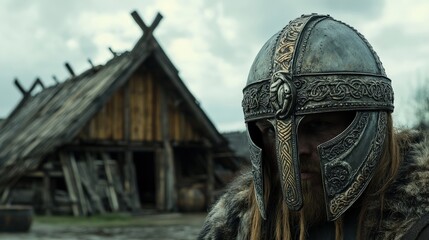 A Viking warrior's helmet set against a backdrop of a wooden longhouse, symbolizing strength