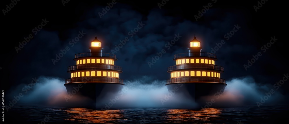 Poster two illuminated ships navigating through foggy waters at night, creating a serene and mysterious atm