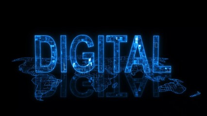 3d digital text technology earth map glowing blue