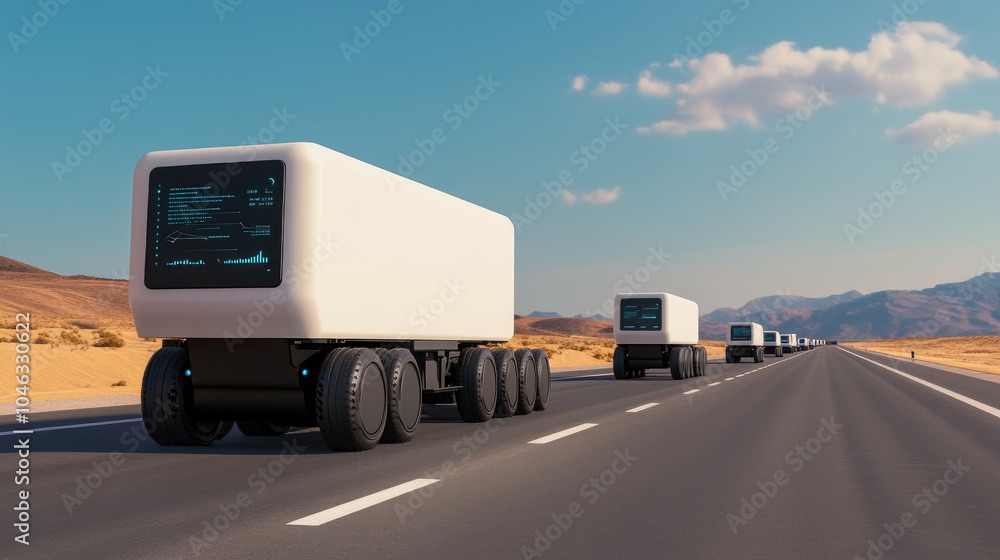 Poster autonomous truck convoy navigating a desert highway, showcasing data visualizations and innovative l