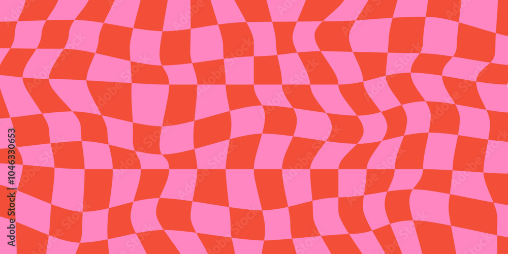 Aufkleber Twisted checkered colorful background. Abstract vector pattern. Red and pink colors. Retro wavy psychedelic checkerboard	